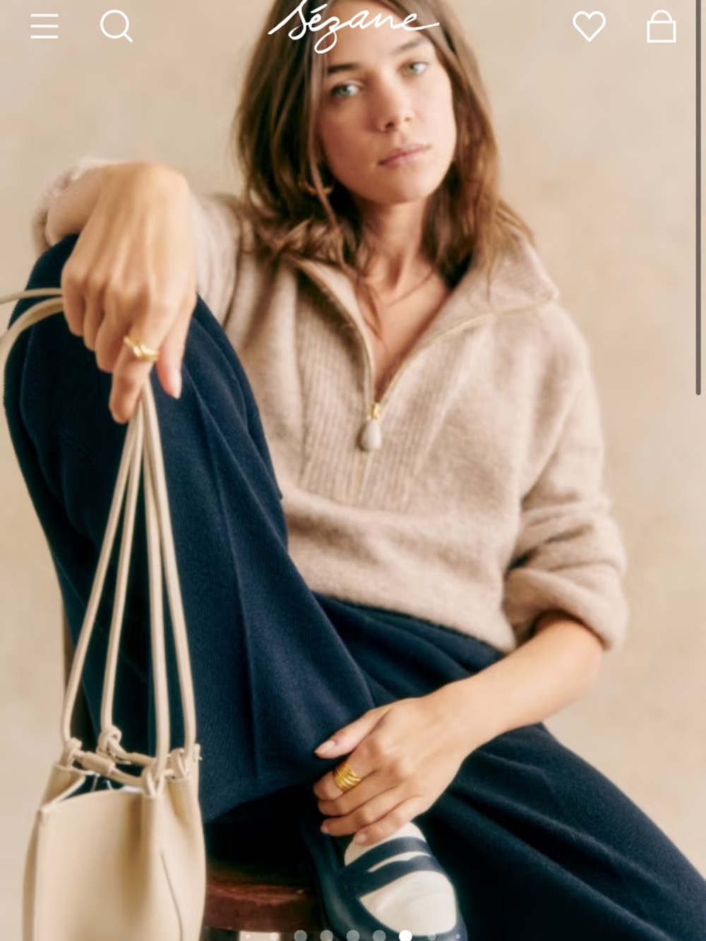 Sezane Tobias Jumper in MOTTLED BEIGE Women's Zip-Front Cream Sweater